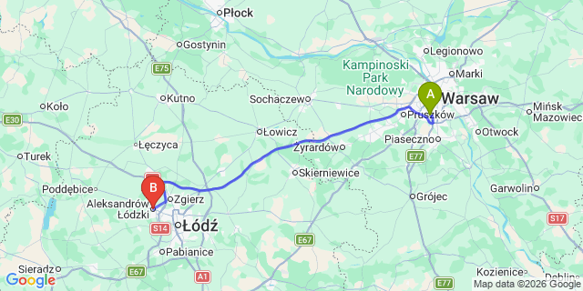 Map: Warsaw Chopin Airport (WAW) to Aleksandrow Lodzki