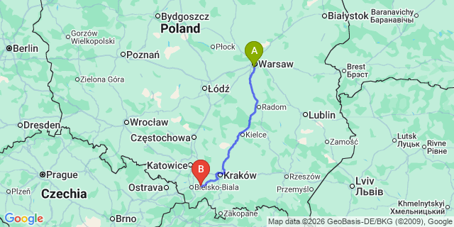 Map: Warsaw Chopin Airport (WAW) to Andrychow