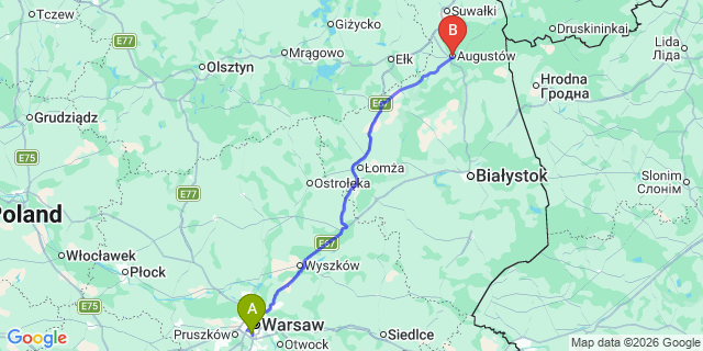 Map: Warsaw Chopin Airport (WAW) to Augustow