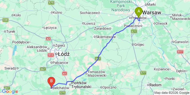 Map: Warsaw Chopin Airport (WAW) to Belchatow