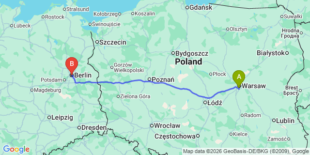Map: Warsaw Chopin Airport (WAW) to Berlin city (all areas)