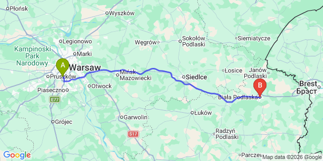 Map: Warsaw Chopin Airport (WAW) to Biala Podlaska