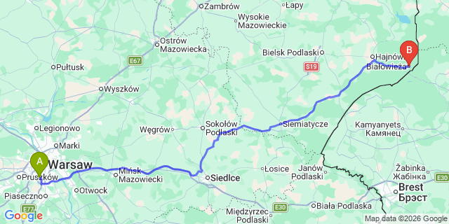 Map: Warsaw Chopin Airport (WAW) to Bialowieza