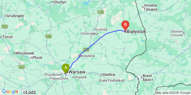 Map: Warsaw Chopin Airport (WAW) to Bialystok