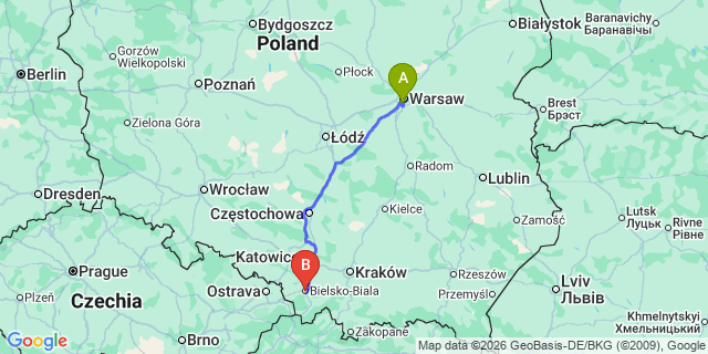 Map: Warsaw Chopin Airport (WAW) to Bielsko-Biala