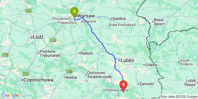 Map: Warsaw Chopin Airport (WAW) to Bilgoraj