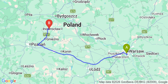 Map: Warsaw Chopin Airport (WAW) to Biskupin