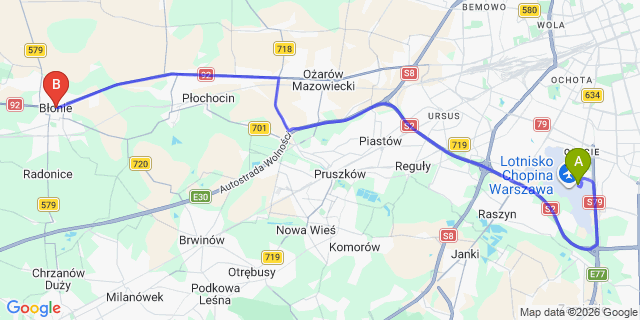 Map: Warsaw Chopin Airport (WAW) to Blonie