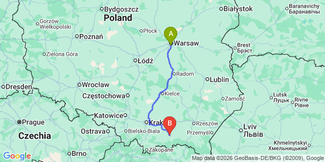 Map: Warsaw Chopin Airport (WAW) to Bobowa