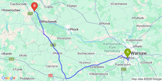 Map: Warsaw Chopin Airport (WAW) to Bobrowniki