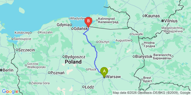 Map: Warsaw Chopin Airport (WAW) to Braniewo