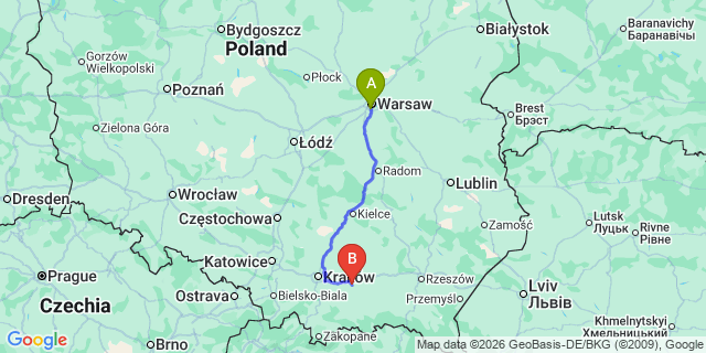 Map: Warsaw Chopin Airport (WAW) to Brzesko