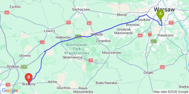 Map: Warsaw Chopin Airport (WAW) to Brzeziny