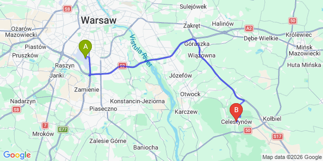 Map: Warsaw Chopin Airport (WAW) to Celestynow