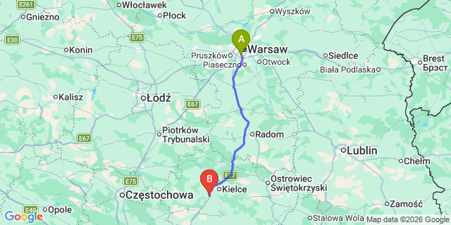 Map: Warsaw Chopin Airport (WAW) to Checiny