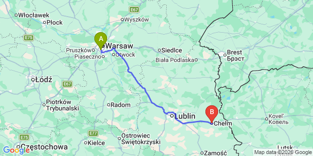 Map: Warsaw Chopin Airport (WAW) to Chelm