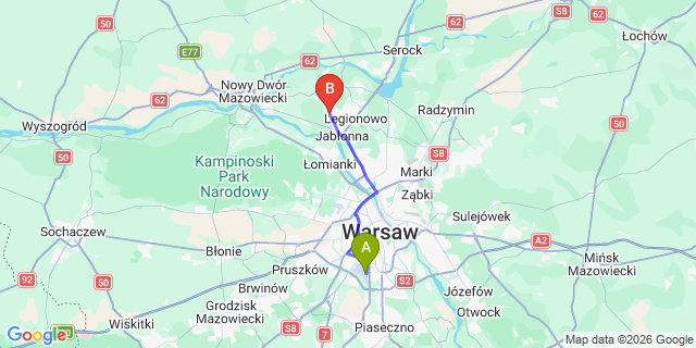 Map: Warsaw Chopin Airport (WAW) to Chotomow