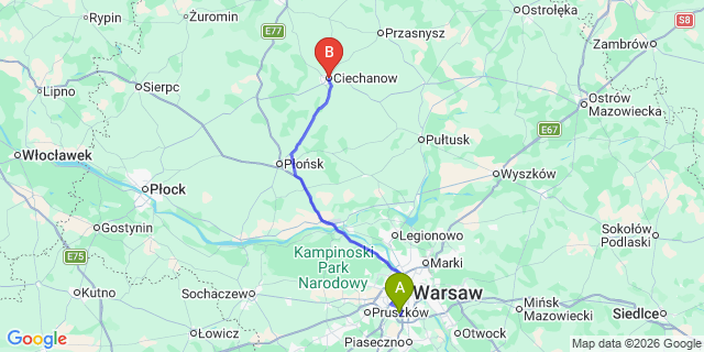 Map: Warsaw Chopin Airport (WAW) to Ciechanow