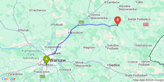 Map: Warsaw Chopin Airport (WAW) to Ciechanowiec