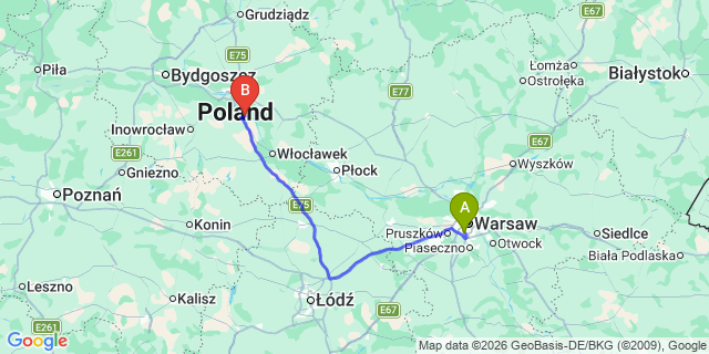 Map: Warsaw Chopin Airport (WAW) to Ciechocinek