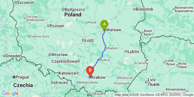 Map: Warsaw Chopin Airport (WAW) to Cracow
