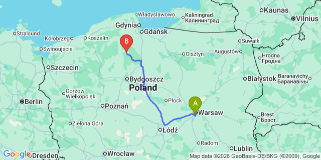 Map: Warsaw Chopin Airport (WAW) to Czersk