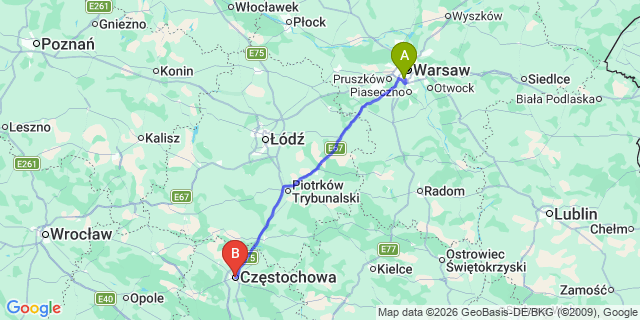 Map: Warsaw Chopin Airport (WAW) to Czestochowa