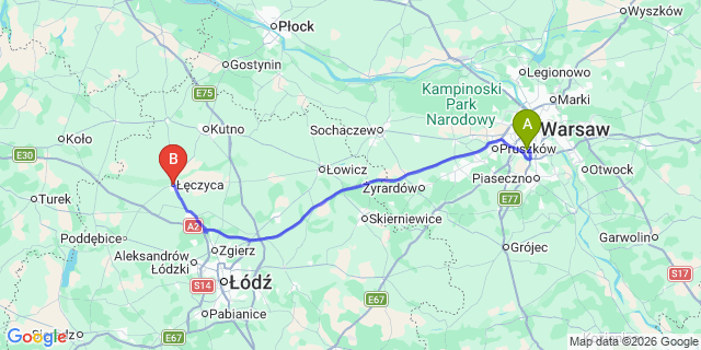 Map: Warsaw Chopin Airport (WAW) to Czyca