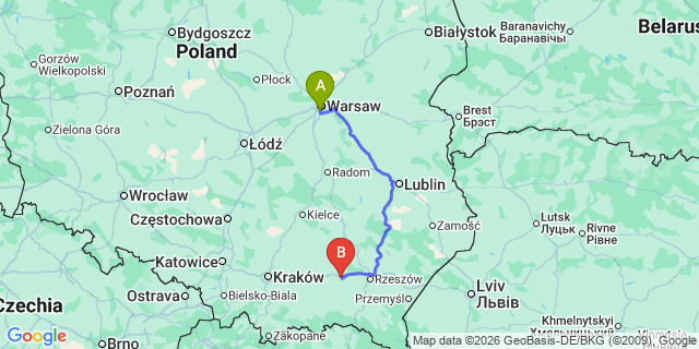 Map: Warsaw Chopin Airport (WAW) to Debica