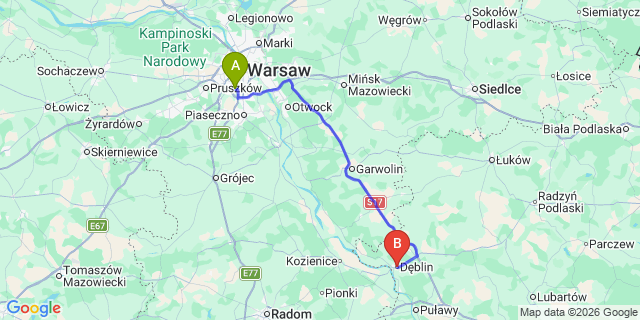 Map: Warsaw Chopin Airport (WAW) to Deblin