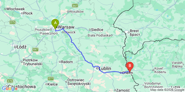 Map: Warsaw Chopin Airport (WAW) to Dorohusk