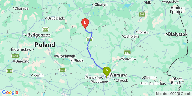 Map: Warsaw Chopin Airport (WAW) to Dzialdowo