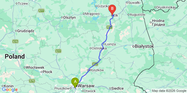 Map: Warsaw Chopin Airport (WAW) to Elk