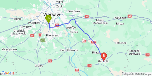 Map: Warsaw Chopin Airport (WAW) to Garwolin