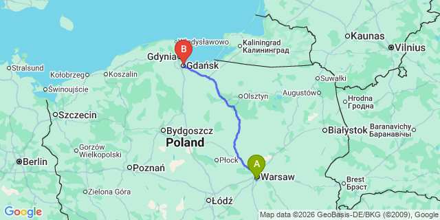 Map: Warsaw Chopin Airport (WAW) to Gdansk
