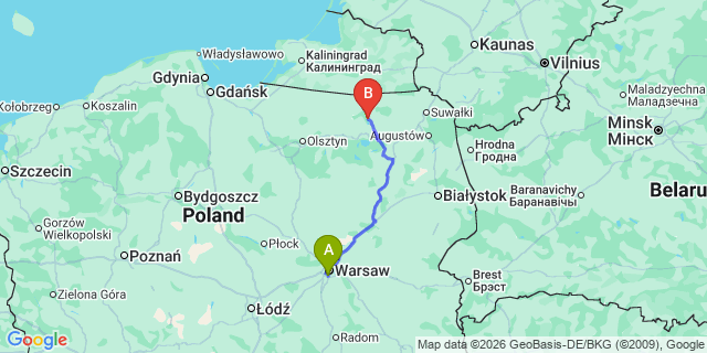 Map: Warsaw Chopin Airport (WAW) to Gizycko