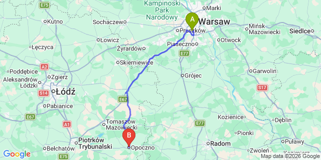 Map: Warsaw Chopin Airport (WAW) to Gmina Opoczno