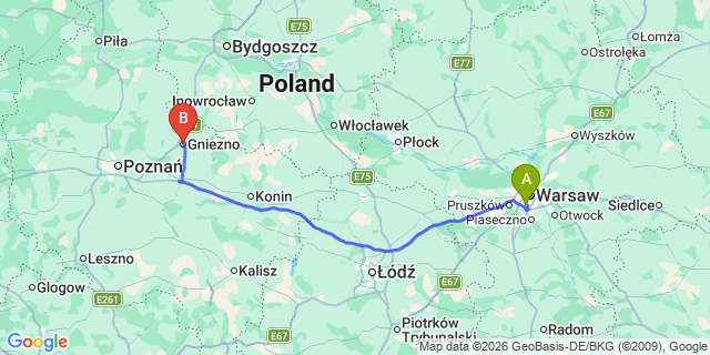 Map: Warsaw Chopin Airport (WAW) to Gniezno