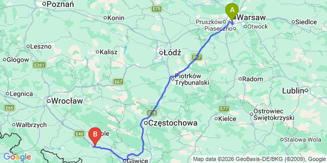 Map: Warsaw Chopin Airport (WAW) to Gogolin