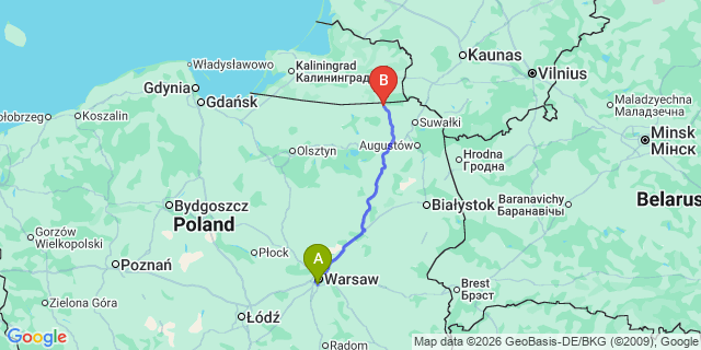 Map: Warsaw Chopin Airport (WAW) to Goldap