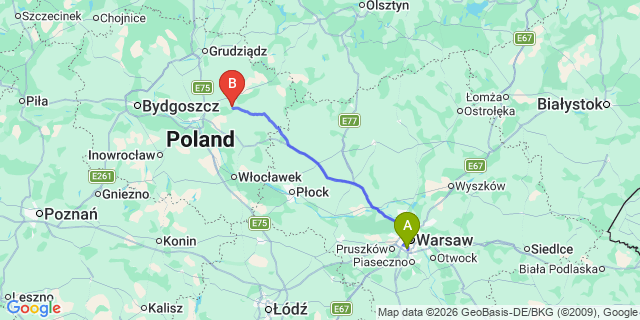 Map: Warsaw Chopin Airport (WAW) to Golub-Dobrzyn