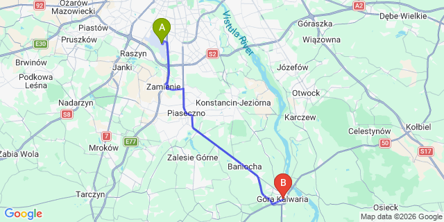 Map: Warsaw Chopin Airport (WAW) to Gora Kalwaria