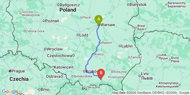 Map: Warsaw Chopin Airport (WAW) to Gorlice