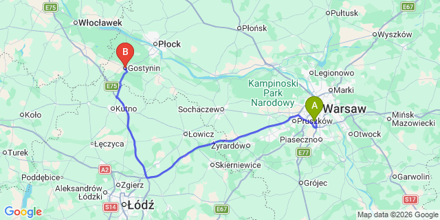 Map: Warsaw Chopin Airport (WAW) to Gostynin