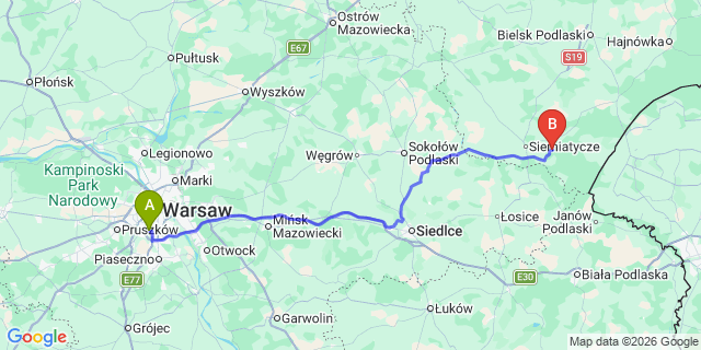 Map: Warsaw Chopin Airport (WAW) to Grabarka