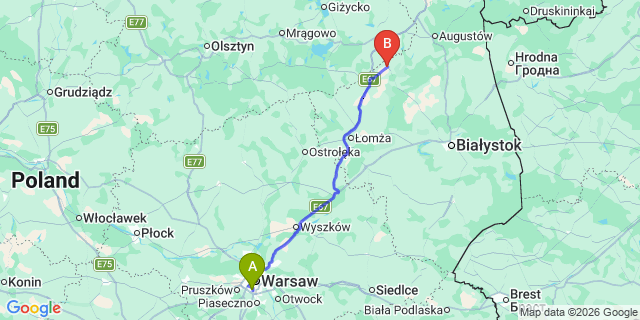 Map: Warsaw Chopin Airport (WAW) to Grajewo