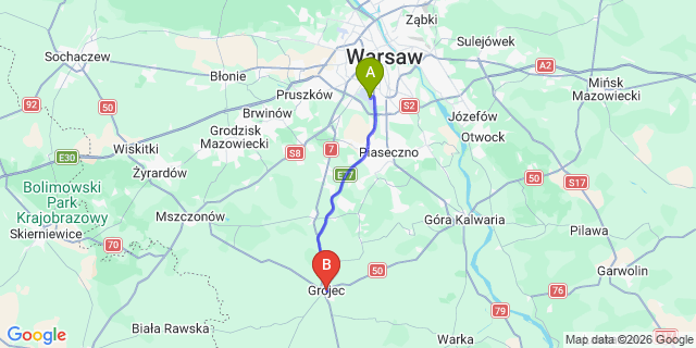 Map: Warsaw Chopin Airport (WAW) to Grojec