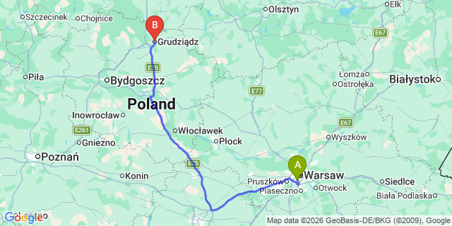 Map: Warsaw Chopin Airport (WAW) to Grudziadz