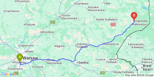 Map: Warsaw Chopin Airport (WAW) to Hajnowka