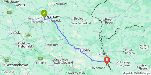 Map: Warsaw Chopin Airport (WAW) to Hrubieszow